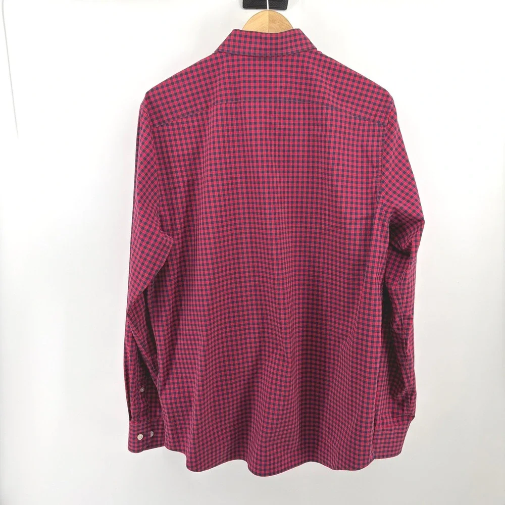 Banana Republic Mens Button Down Shirt Large Red Navy‎ Gingham Slim Flex Fit L